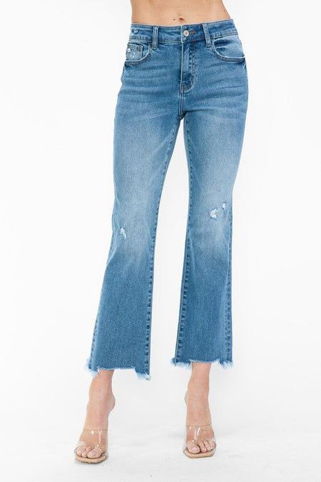 bytos Raw Hem Distressed Mid Rise Crop Jeans - S. M. & Co.