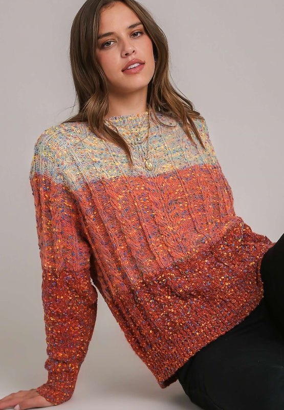 Cable - Knit Color Block Round Neck Long Sleeve Sweater - S. M. & Co.