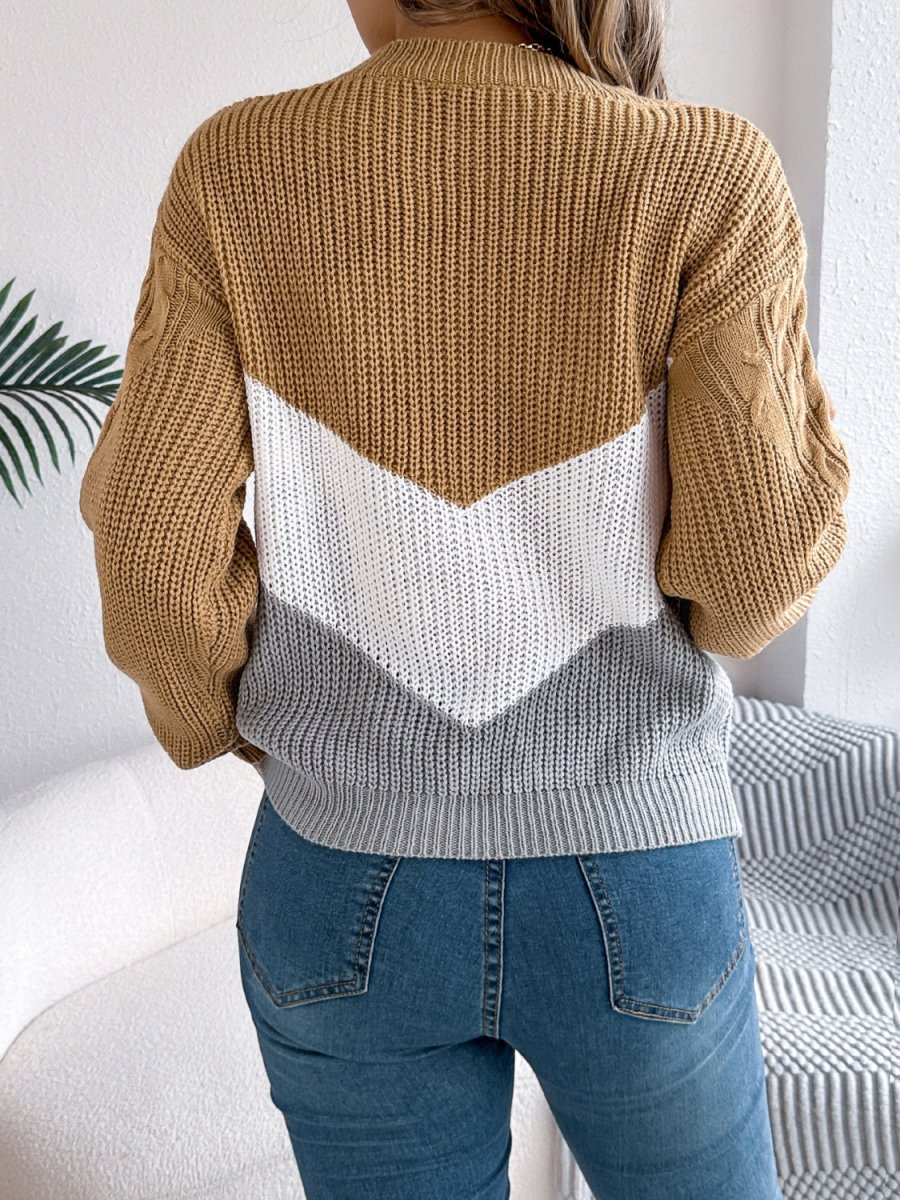 Cable - Knit Color Block Round Neck Sweater - S. M. & Co.