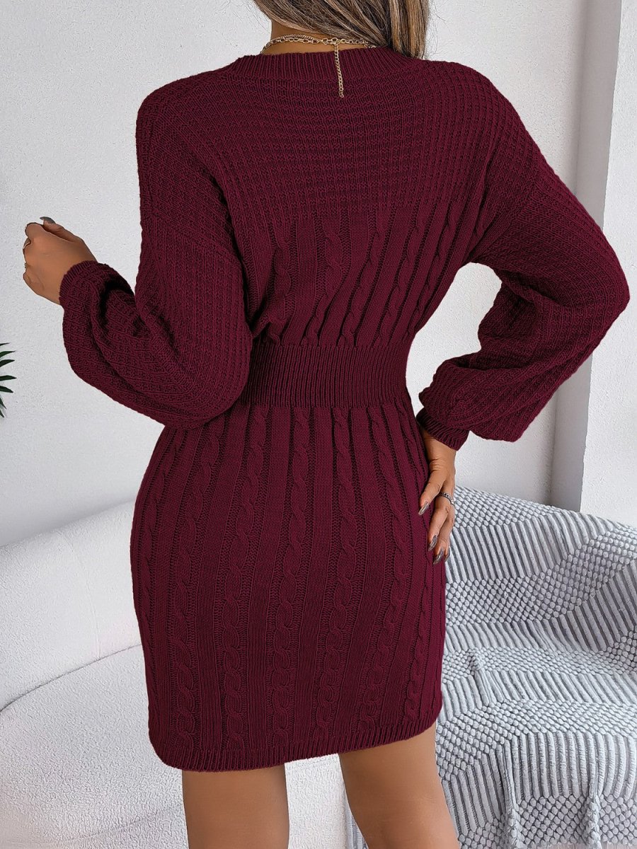 Cable - Knit Cutout Round Neck Slit Sweater Dress - S. M. & Co.