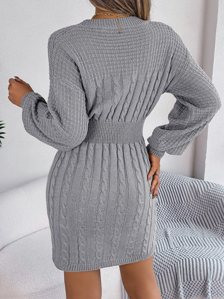 Cable - Knit Cutout Round Neck Slit Sweater Dress - S. M. & Co.