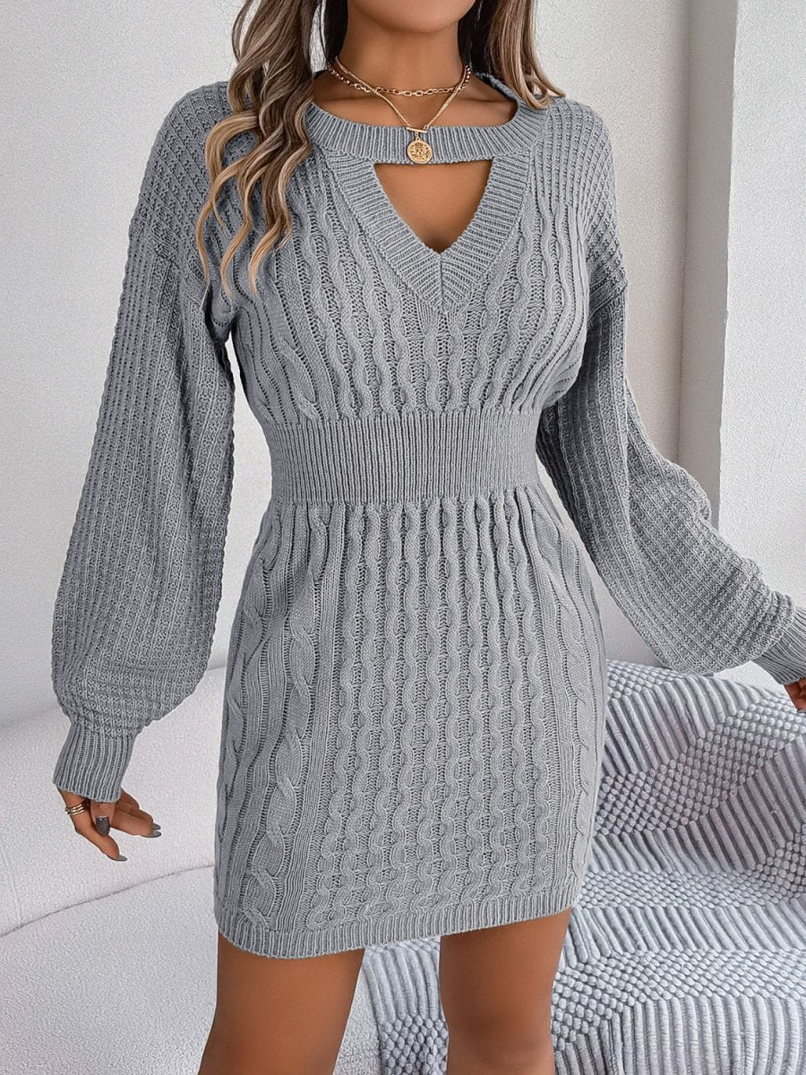 Cable - Knit Cutout Round Neck Slit Sweater Dress - S. M. & Co.