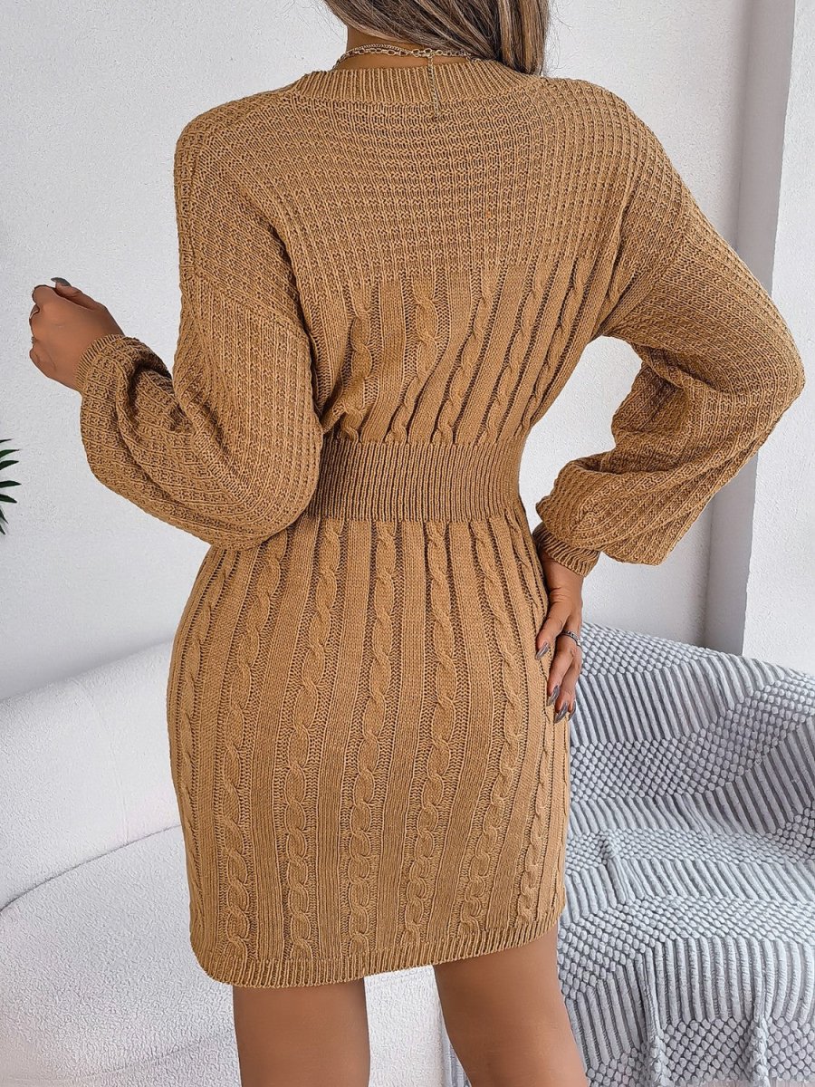 Cable - Knit Cutout Round Neck Slit Sweater Dress - S. M. & Co.