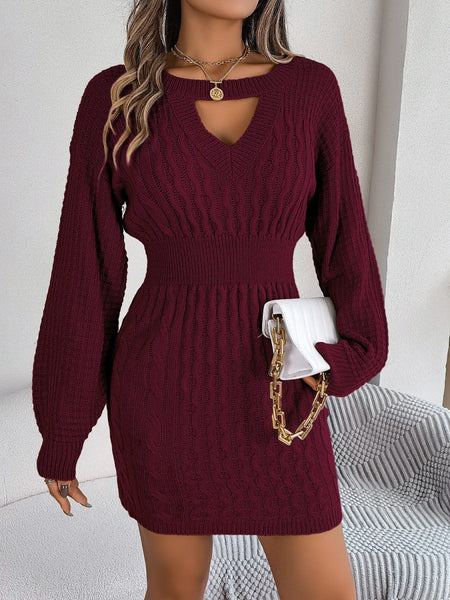 Cable - Knit Cutout Round Neck Slit Sweater Dress - S. M. & Co.