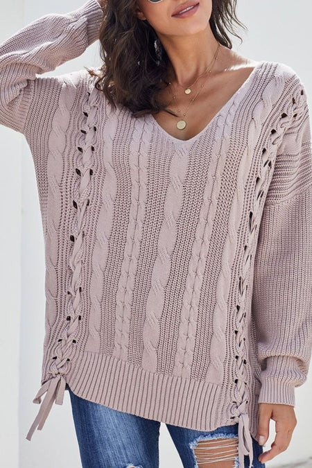 Cable Knit Lace Up V - Neck Sweater - S. M. & Co.