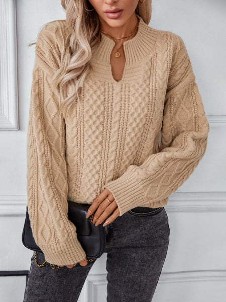 Cable - Knit Notched Long Sleeve Sweater - S. M. & Co.