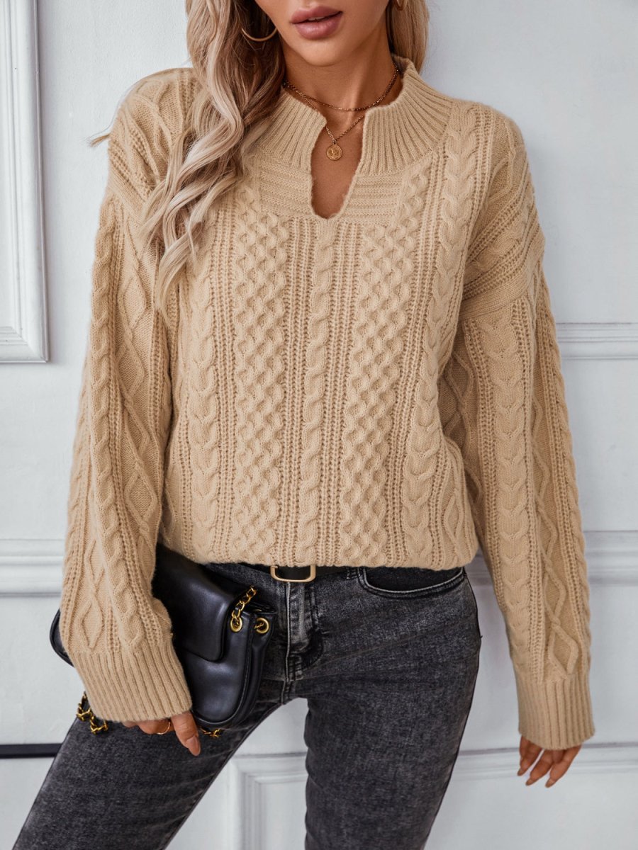 Cable - Knit Notched Long Sleeve Sweater - S. M. & Co.