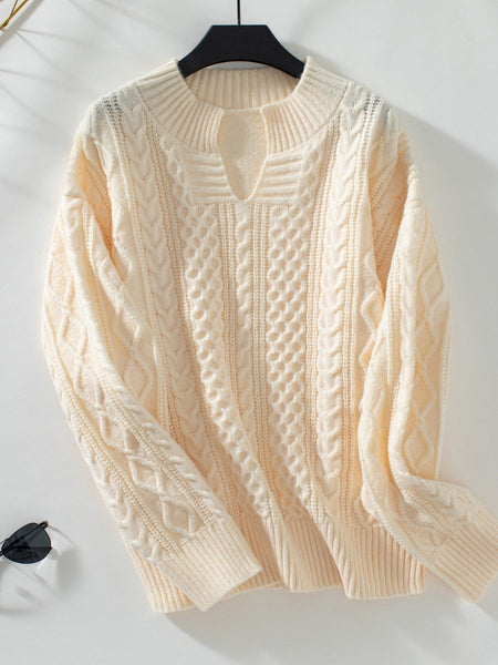 Cable - Knit Notched Long Sleeve Sweater - S. M. & Co.