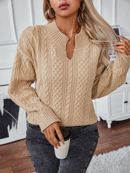 Cable - Knit Notched Long Sleeve Sweater - S. M. & Co.