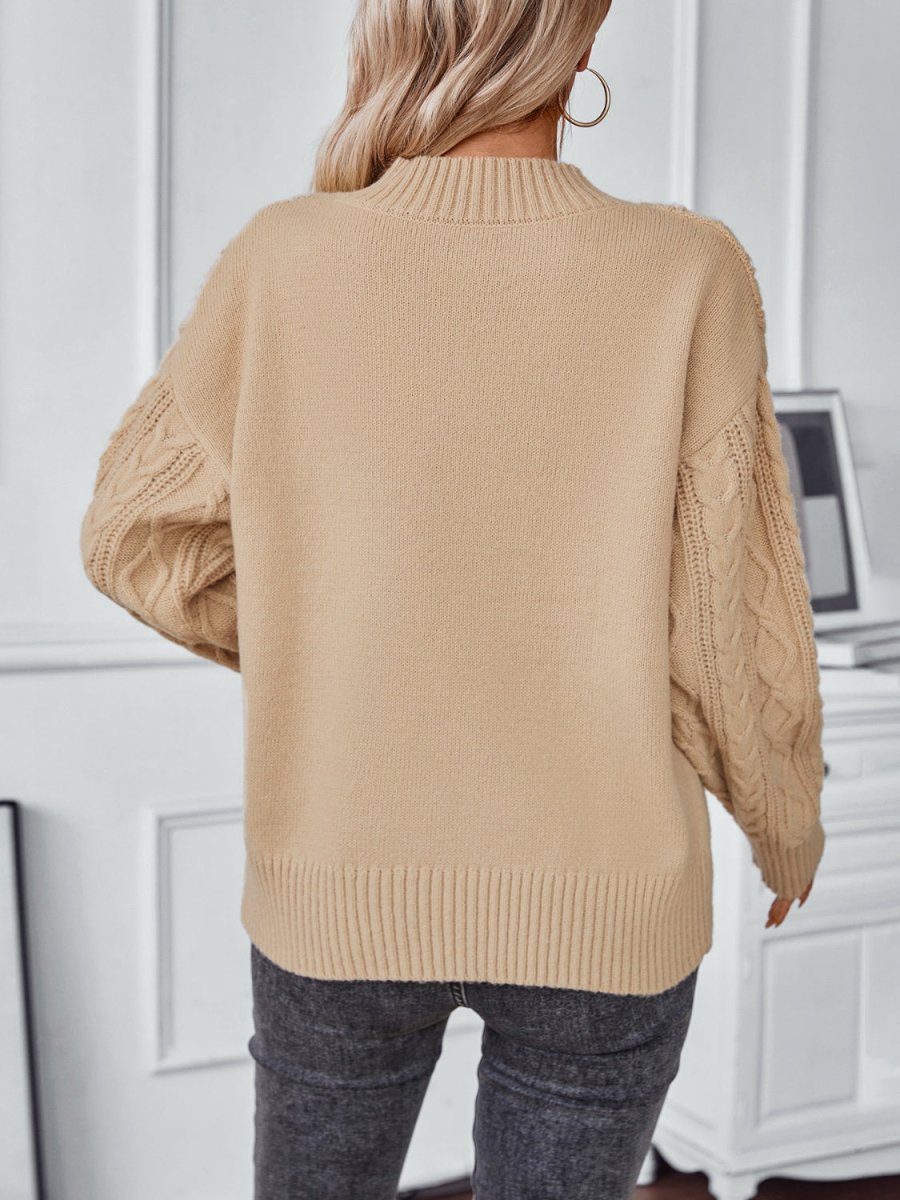 Cable - Knit Notched Long Sleeve Sweater - S. M. & Co.