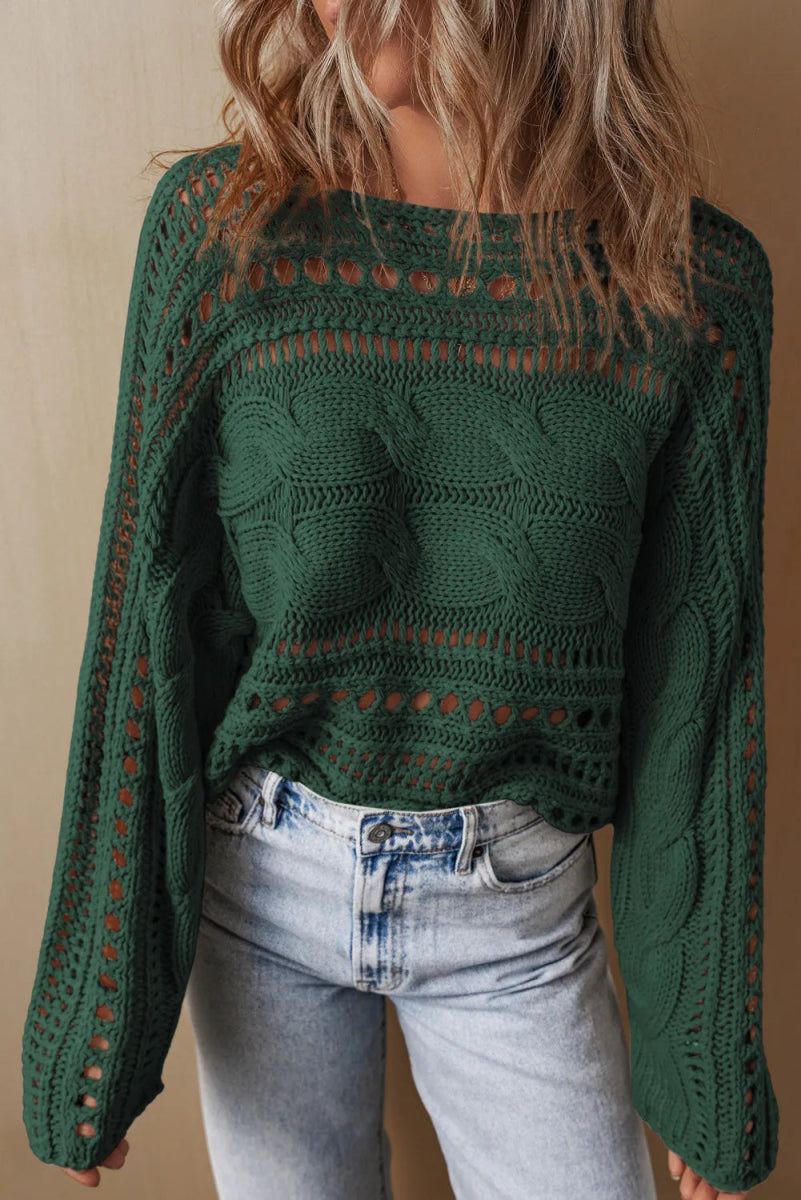 Cable - Knit Openwork Long Sleeve Sweater - S. M. & Co.