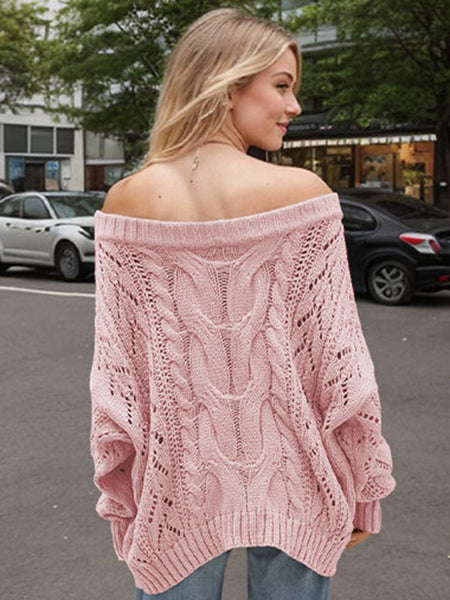 Cable Knit Openwork Off - Shoulder Sweater - S. M. & Co.