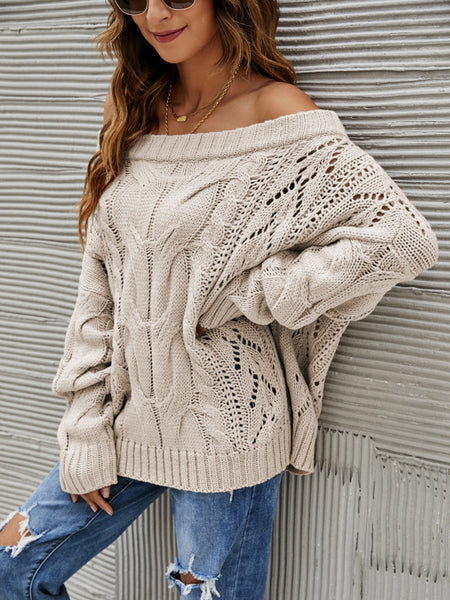 Cable Knit Openwork Off - Shoulder Sweater - S. M. & Co.