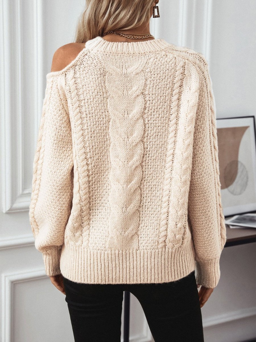 Cable Knit Round Neck Cold Shoulder Sweater - S. M. & Co.