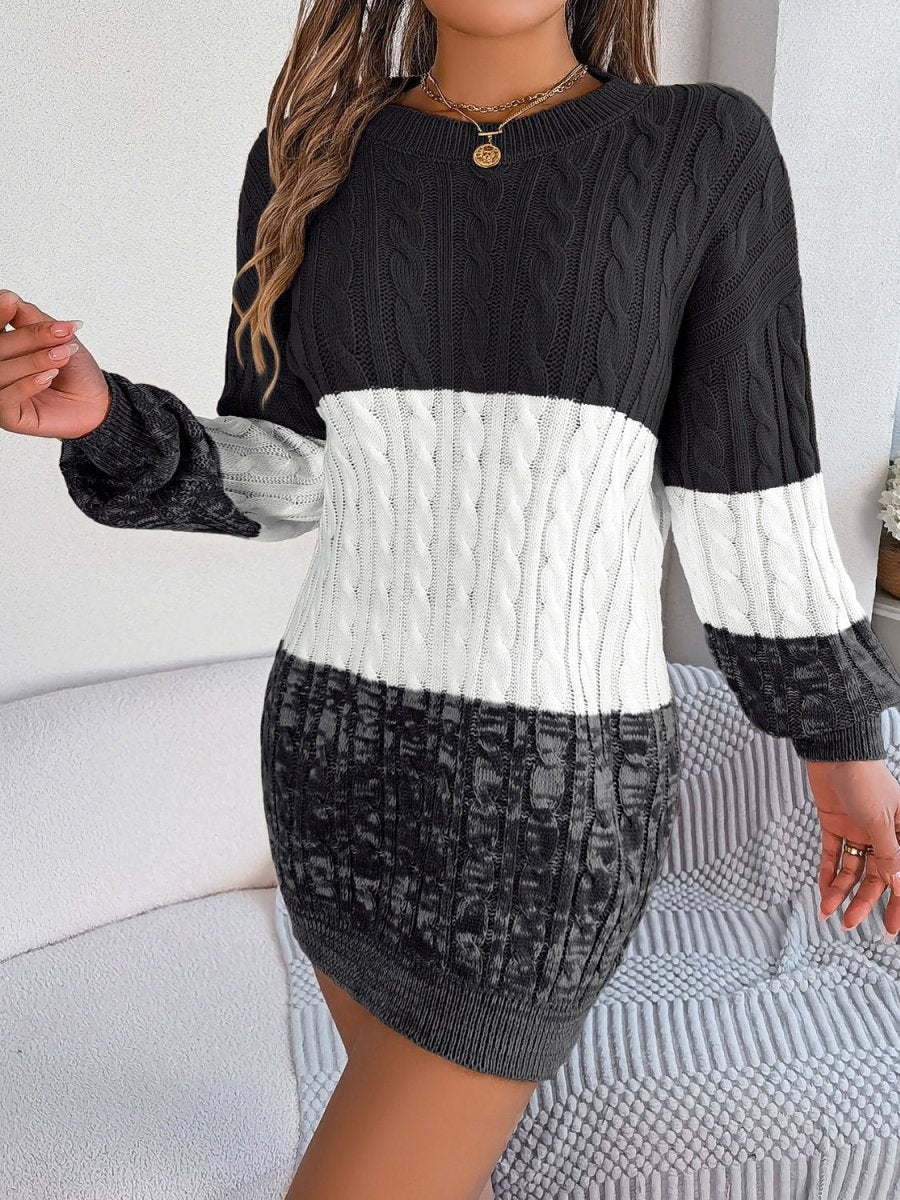 Cable - Knit Round Neck Color Block Sweater Dress - S. M. & Co.