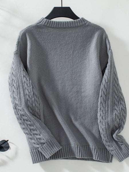 Cable - Knit Round Neck Long Sleeve Sweater - S. M. & Co.