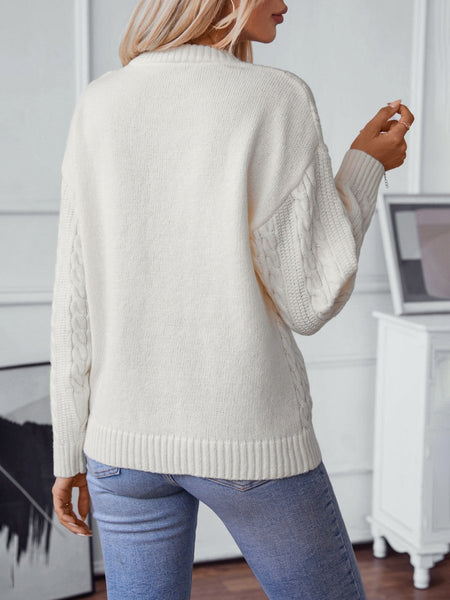 Cable - Knit Round Neck Long Sleeve Sweater - S. M. & Co.