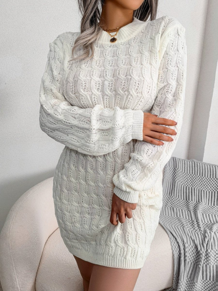 Cable - Knit Round Neck Mini Wrap Sweater Dress - S. M. & Co.