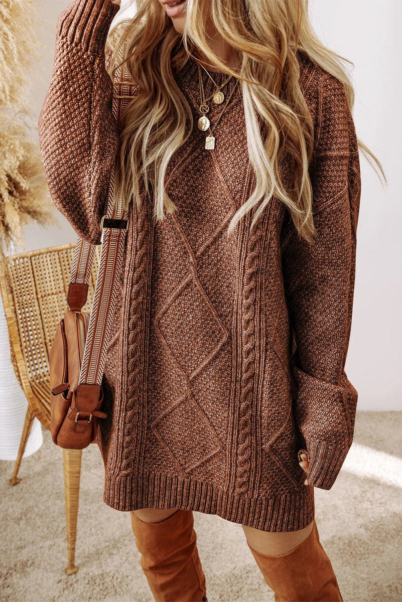 Cable-Knit Round Neck Sweater Dress - S. M. & Co. Sweater Dress