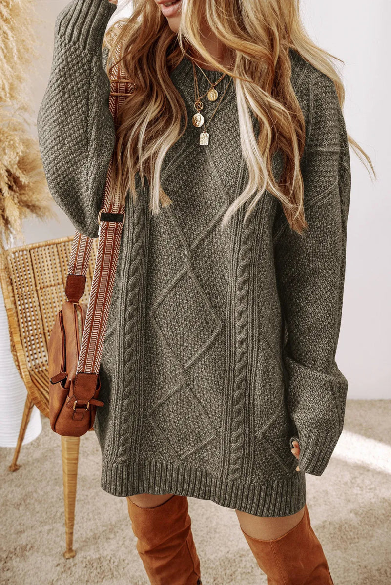 Cable-Knit Round Neck Sweater Dress - S. M. & Co. Sweater Dress