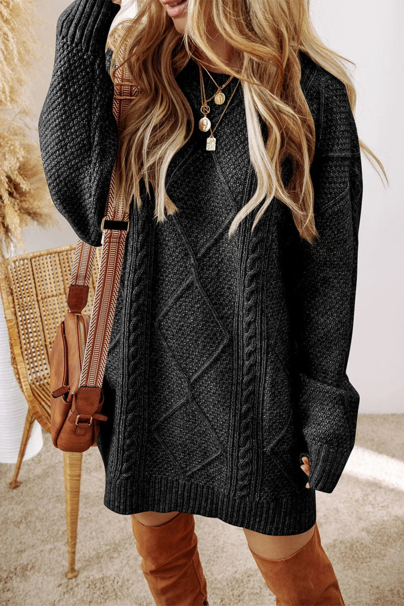 Cable-Knit Round Neck Sweater Dress - S. M. & Co. Sweater Dress