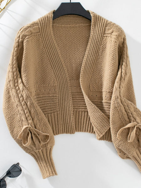 Cable - Knit Tied Open Front Lantern Sleeve Cardigan - S. M. & Co.