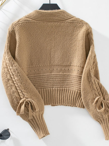 Cable - Knit Tied Open Front Lantern Sleeve Cardigan - S. M. & Co.