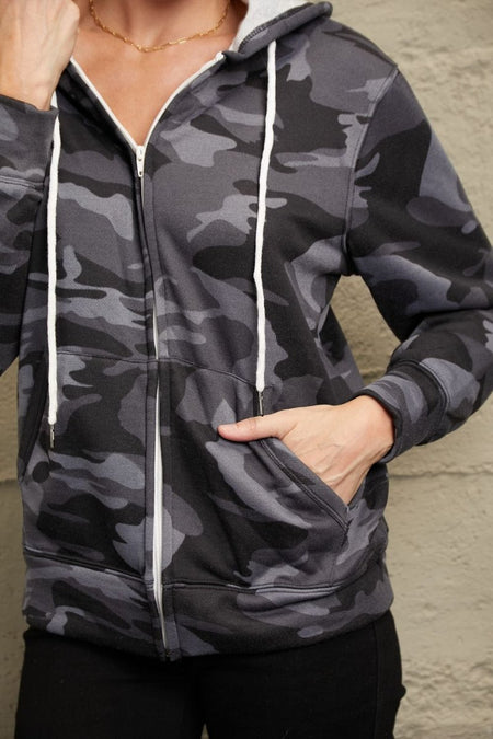 Camouflage Drawstring Detail Zip Up Hooded Jacket - S. M. & Co.