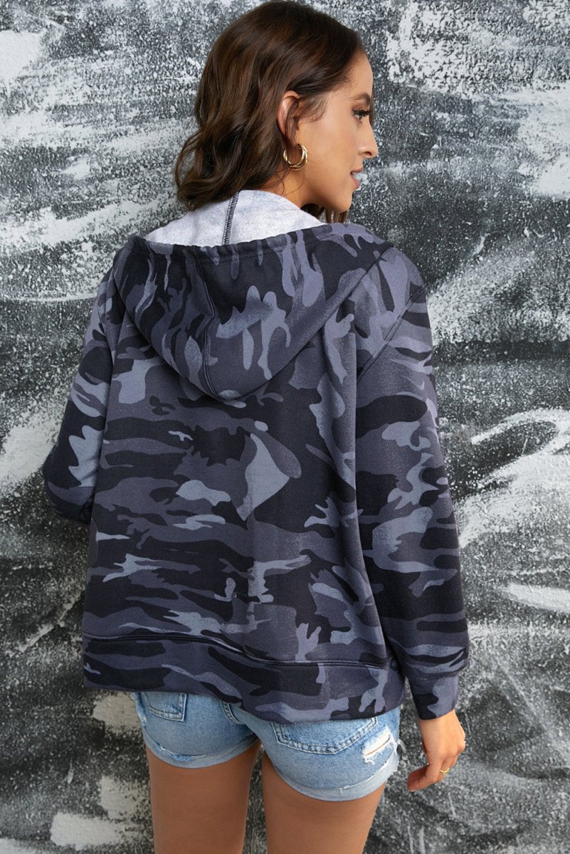 Camouflage Drawstring Detail Zip Up Hooded Jacket - S. M. & Co.