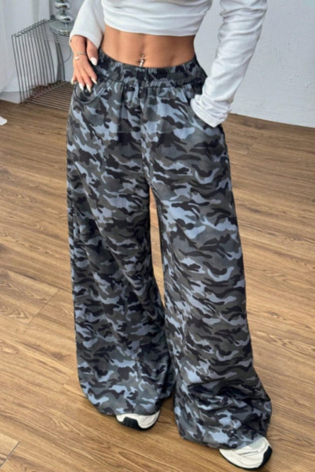 Camouflage Elastic Waist Wide Leg Pants - S. M. & Co.