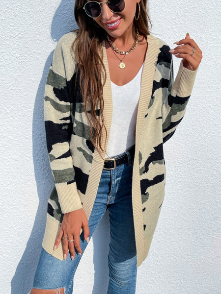 Camouflaged Dropped Shoulder Open Front Cardigan - S. M. & Co.