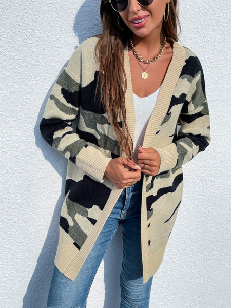 Camouflaged Dropped Shoulder Open Front Cardigan - S. M. & Co.