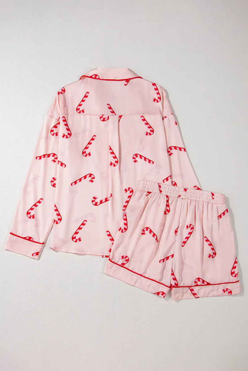 Candy Cane Collared Neck Long Sleeve Top and Shorts Lounge Set - S. M. & Co.