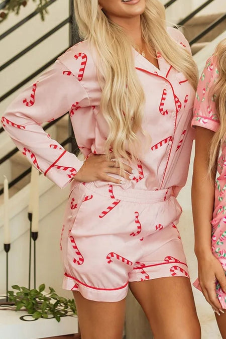 Candy Cane Collared Neck Long Sleeve Top and Shorts Lounge Set - S. M. & Co.