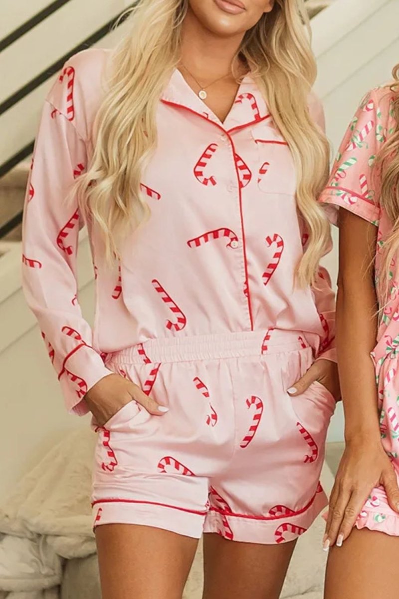 Candy Cane Collared Neck Long Sleeve Top and Shorts Lounge Set - S. M. & Co.