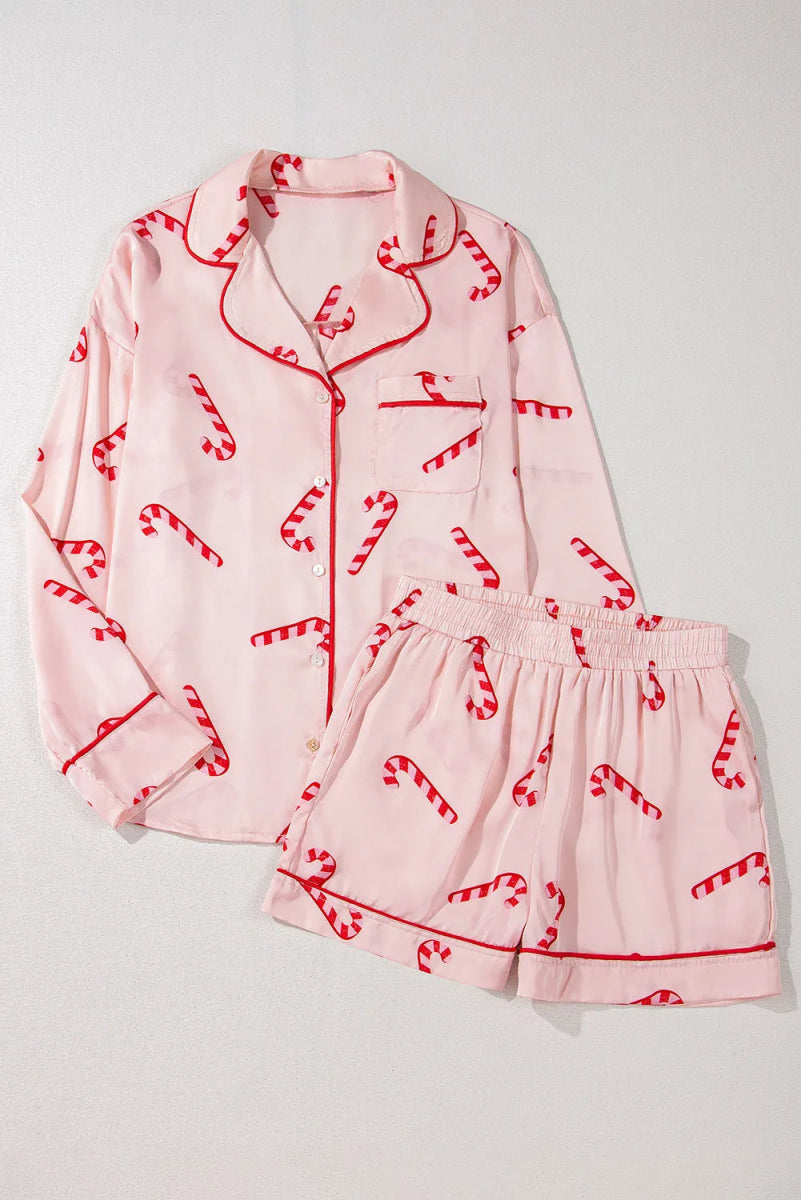 Candy Cane Collared Neck Long Sleeve Top and Shorts Lounge Set - S. M. & Co.