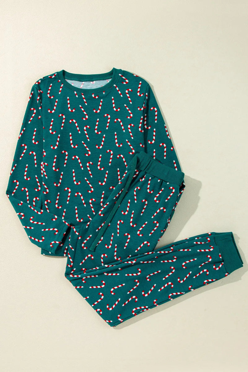 Candy Cane Print Round Neck Top and Pants Lounge Set - S. M. & Co.