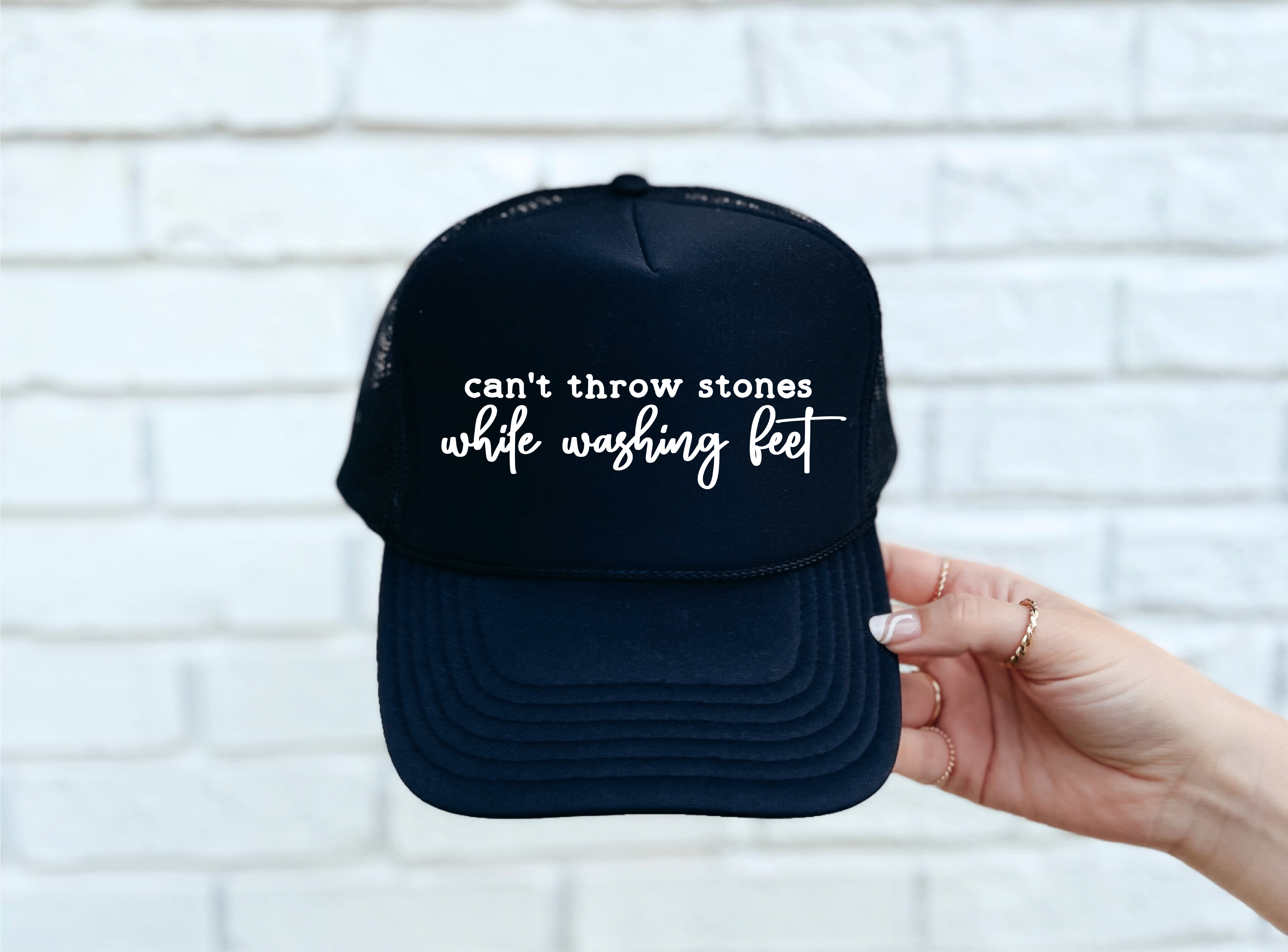 Can't Throw Stones DTF Printed Black Trucker Hat - S. M. & Co. Shirts & Tops