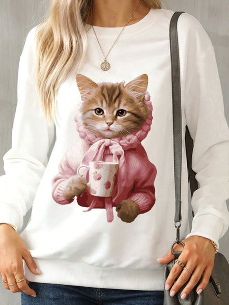 Cat Round Neck Long Sleeve Sweatshirt - S. M. & Co.