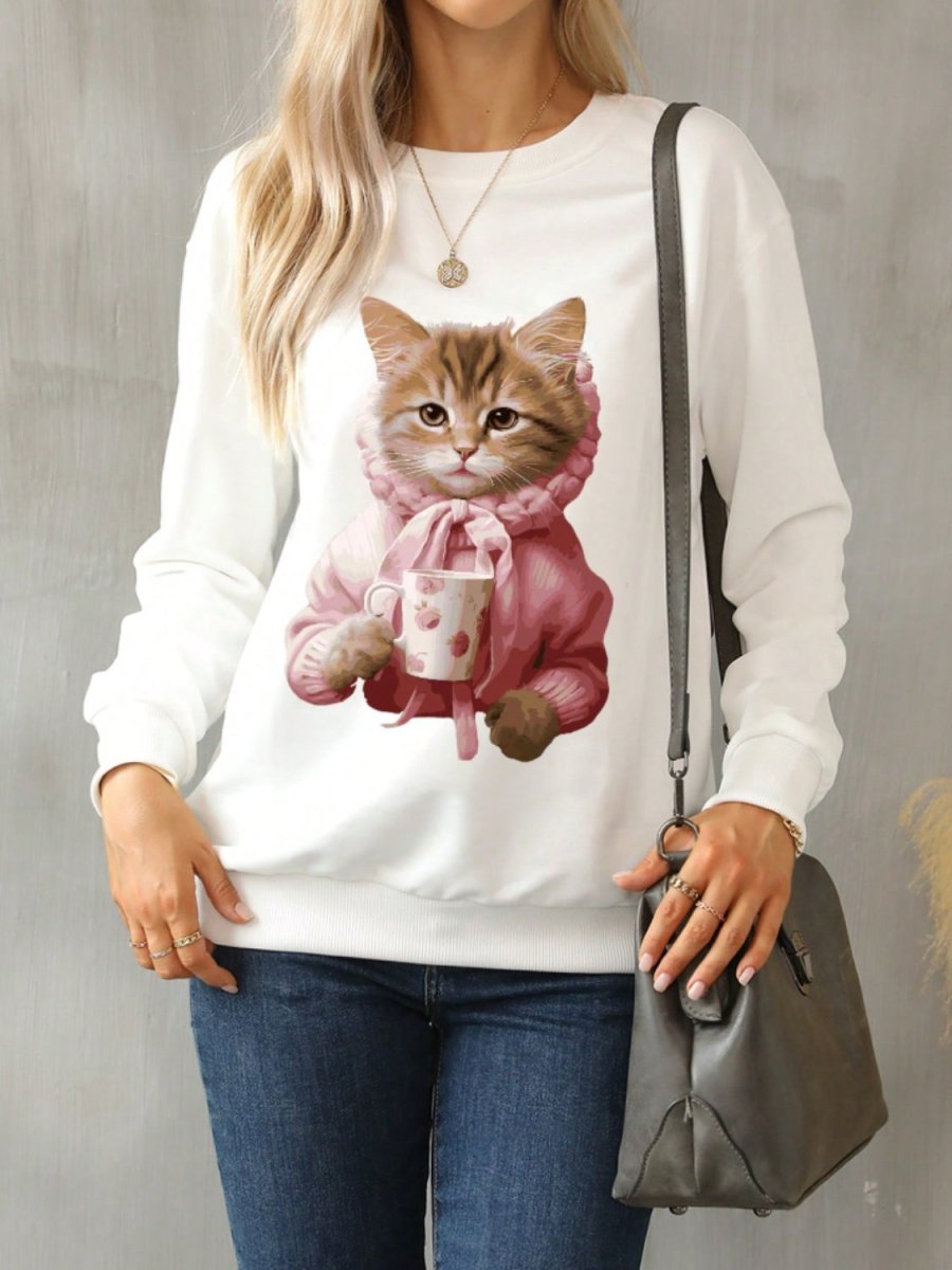 Cat Round Neck Long Sleeve Sweatshirt - S. M. & Co.