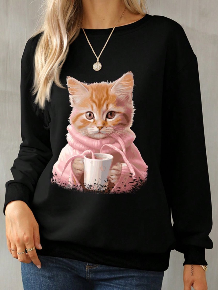 Cat Round Neck Long Sleeve Sweatshirt - S. M. & Co.