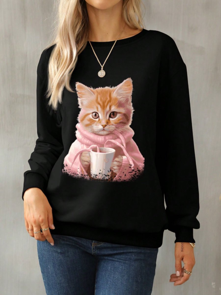 Cat Round Neck Long Sleeve Sweatshirt - S. M. & Co.