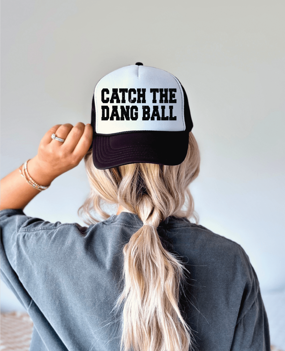 Catch The Dang Ball DTF Printed Black & White Foam Trucker Hat - S. M. & Co.