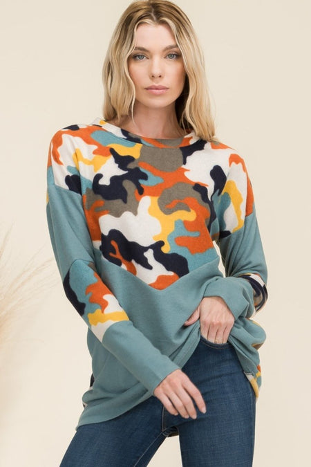 Celeste Full Size Camo Print Contrast Long Sleeve T-Shirt - S. M. & Co.