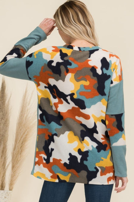 Celeste Full Size Camo Print Contrast Long Sleeve T-Shirt - S. M. & Co.