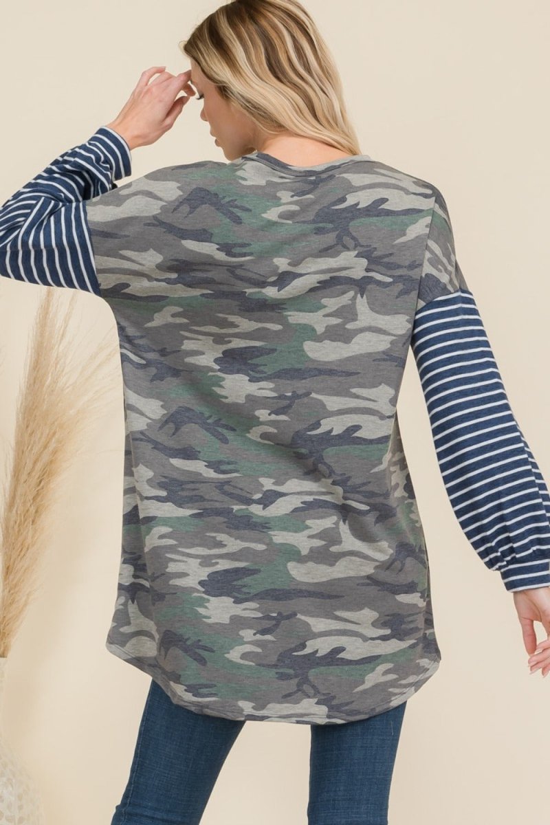 Celeste Full Size Camo Print High - Low T-Shirt with Stripe Sleeves - S. M. & Co.