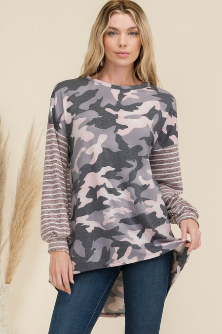 Celeste Full Size Camo Print High - Low T-Shirt with Stripe Sleeves - S. M. & Co.