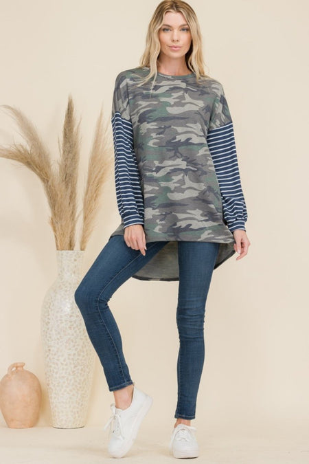 Celeste Full Size Camo Print High - Low T-Shirt with Stripe Sleeves - S. M. & Co.