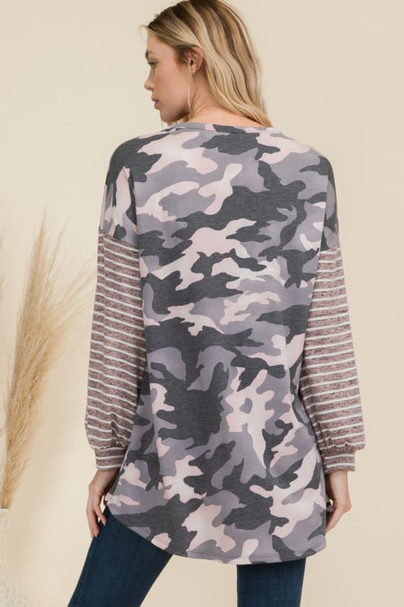 Celeste Full Size Camo Print High - Low T-Shirt with Stripe Sleeves - S. M. & Co.