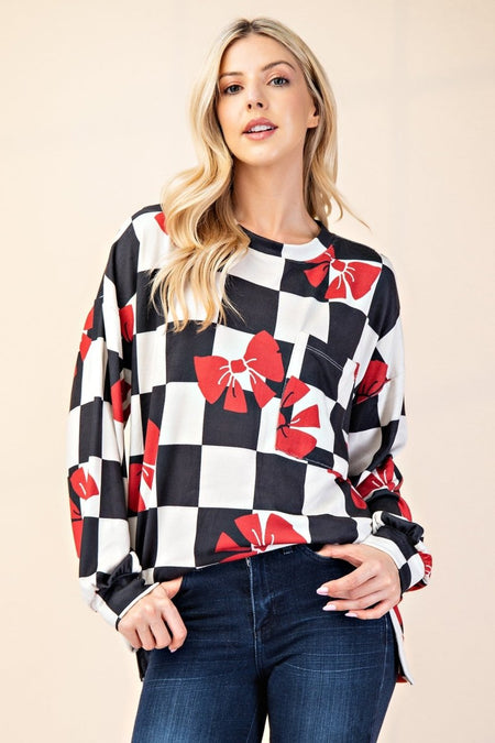 Celeste Full Size Checkered Bow Print Round Neck T-Shirt - S. M. & Co.